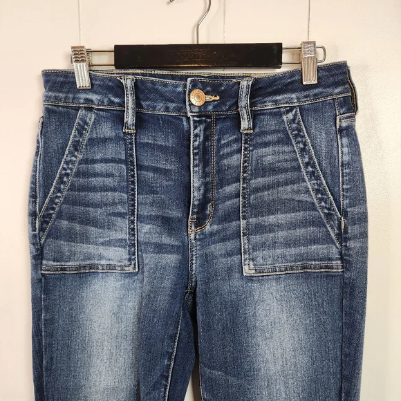 American Eagle High Rise Jeggings Crop Skinny Jeans Frayed Stretchy Dark Size 10 - Picture 5 of 14